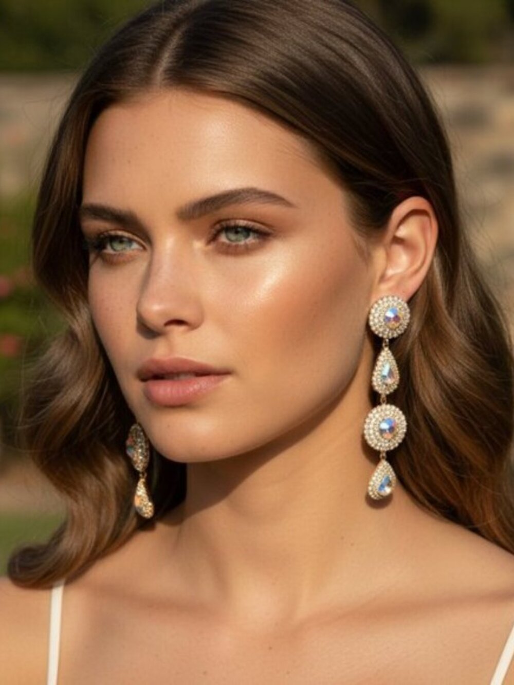 AURORA BOREALIS CZ Gold Teardrop Discs Statement Earrings Evening Wedding